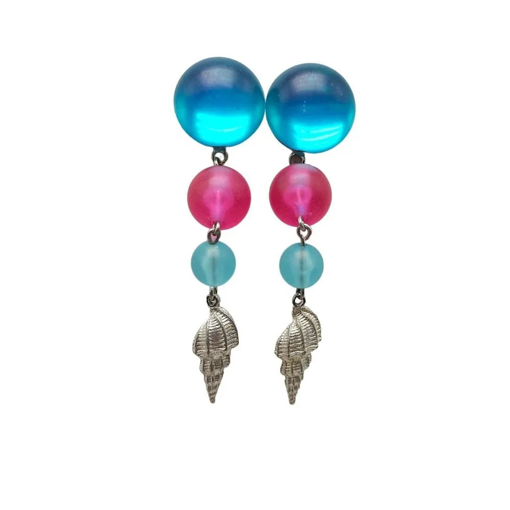 Pink Blue Lucite Beads Conch Shell Dangle Drop Earrings Silver Tone Vintage